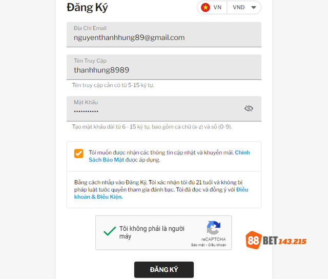 Các trường thông tin cần điền đăng ký 88BET