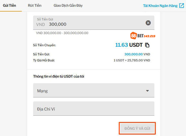 Điền thông tin ví điện tử USDT và số tiền cần nạp