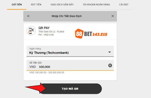 Tạo mã QR Pay để nạp tiền 88BET